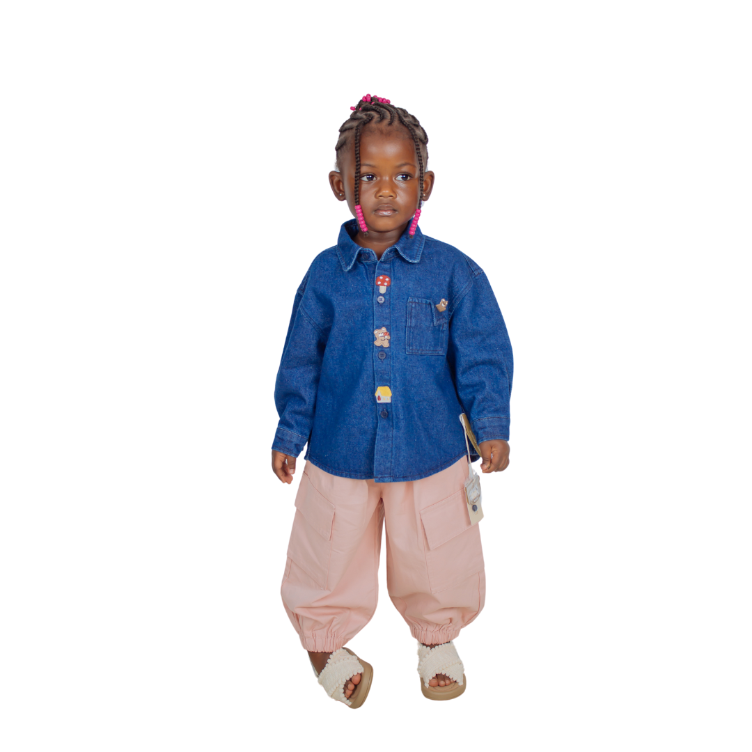 Girls' Cargo Pants Set – Denim Shirt & Pocket Trousers – Stylish & Comfortable Outfit for Kids