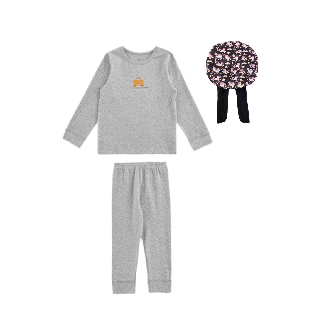 Grey Pajama Set with a Unicorn Sleep Cap