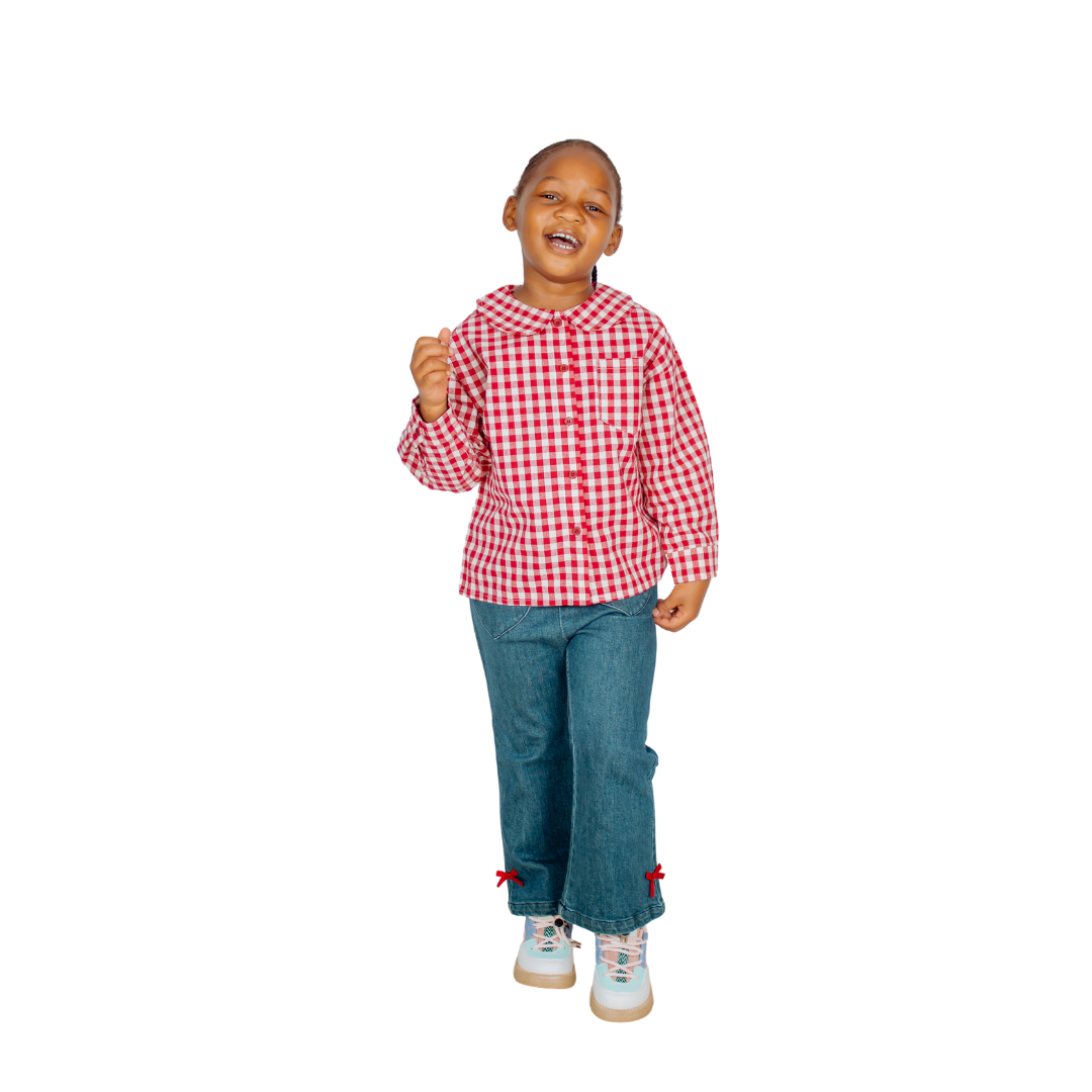 Vintage-Inspired Outfit Set – Gingham Shirt, 1-7 Year Old Girls' Denim Flared Jeans & Layered Ruffle Skirt | Stylish & Comfortable Kids' Fashion for Everyday Wear