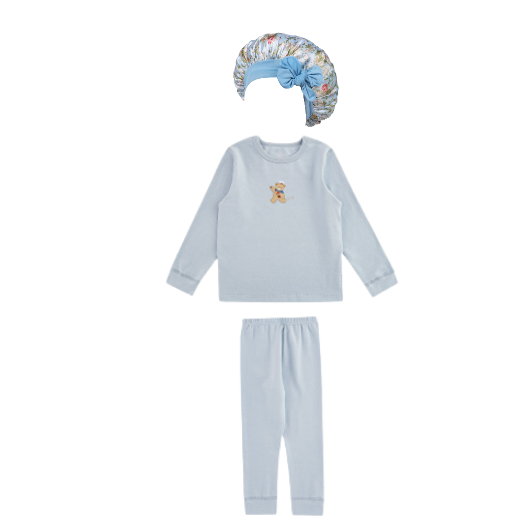 Blue Pajama Set with a Floral Sleep Cap