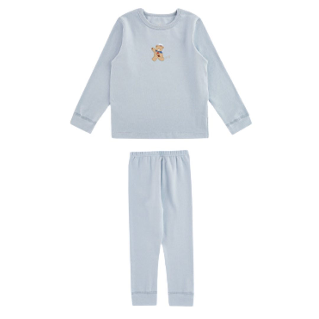Blue Pajama Set with a Floral Sleep Cap