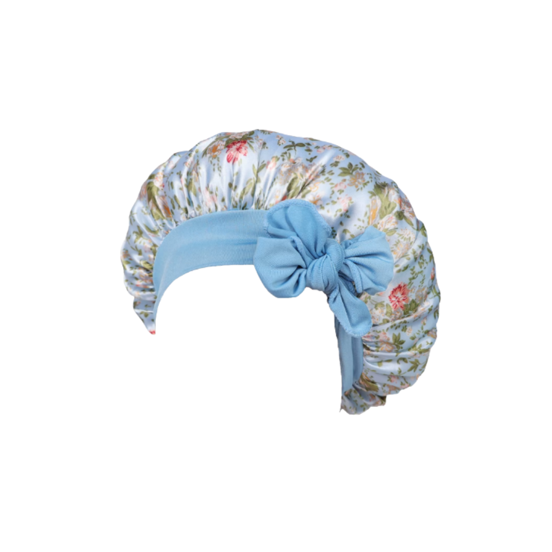 Blue Pajama Set with a Floral Sleep Cap