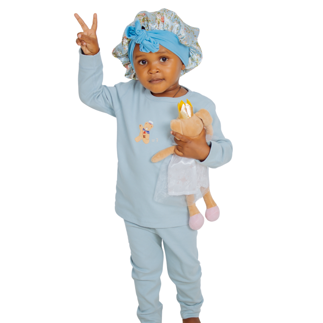 Blue Pajama Set with a Floral Sleep Cap