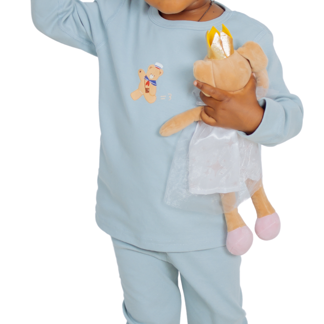 Blue Pajama Set with a Floral Sleep Cap